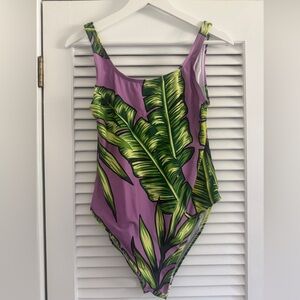 Batoko one piece swimsuit, purple green palm, L